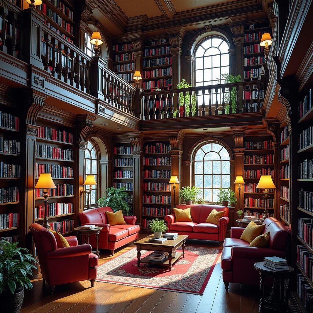 Hyperrealistic Cozy Library with Comic Book Flair
