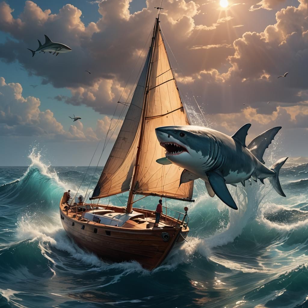Giant Shark and Sailboat in Hyperrealistic Style