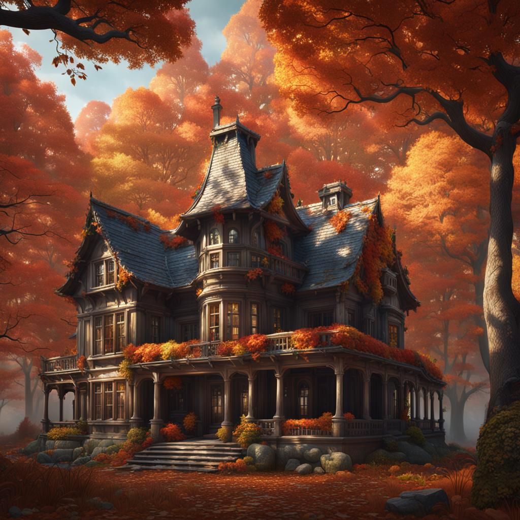 Autumn Mansion Overtaken by Forest: Detailed Matte Painting