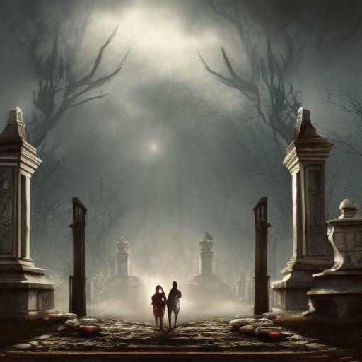 Eerie Ghosts Guard Cemetery Gate: Detailed Matte Painting