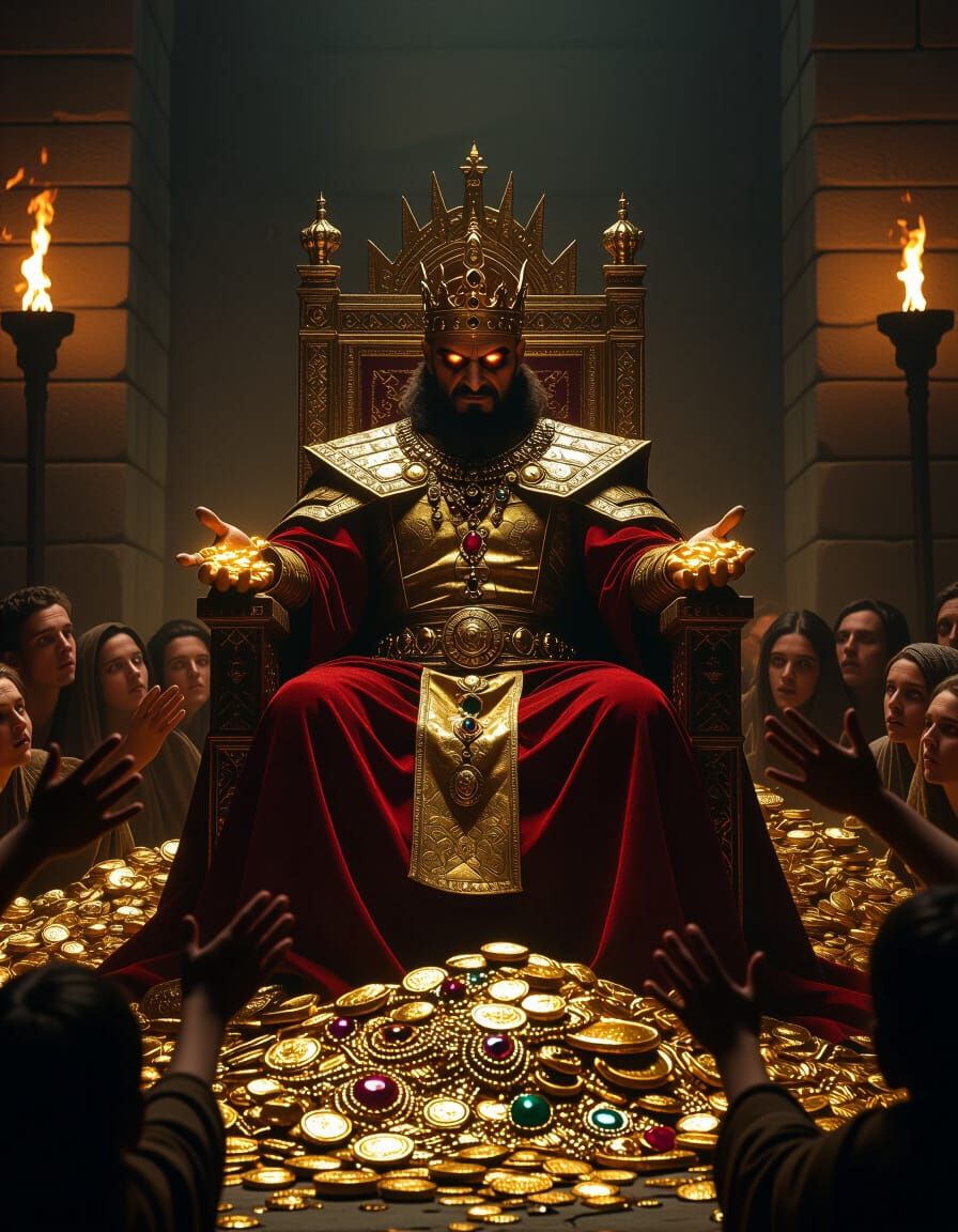 Avarice: Gold-Adorned Ruler in Ancient Hall