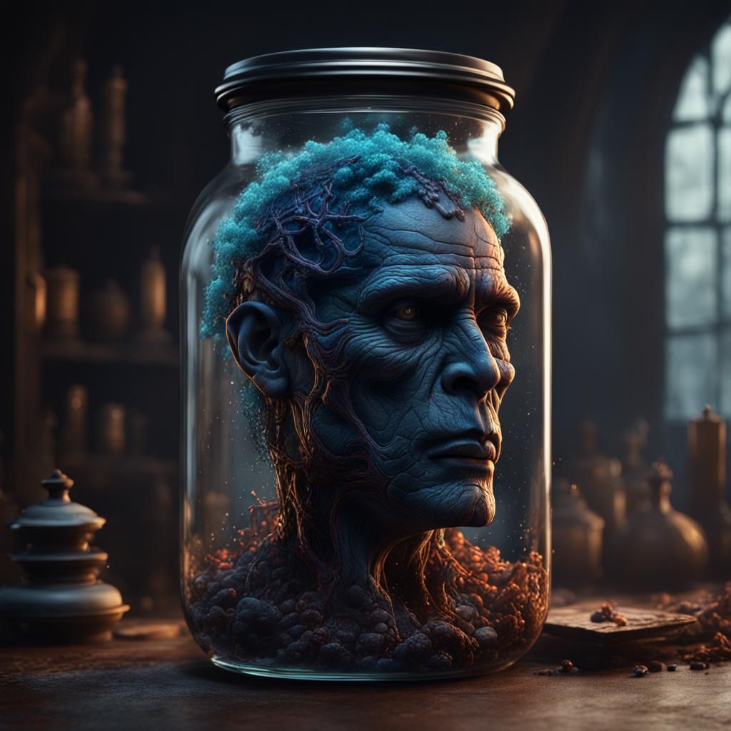 Dark Human Head in Formaline: Detailed Matte Painting