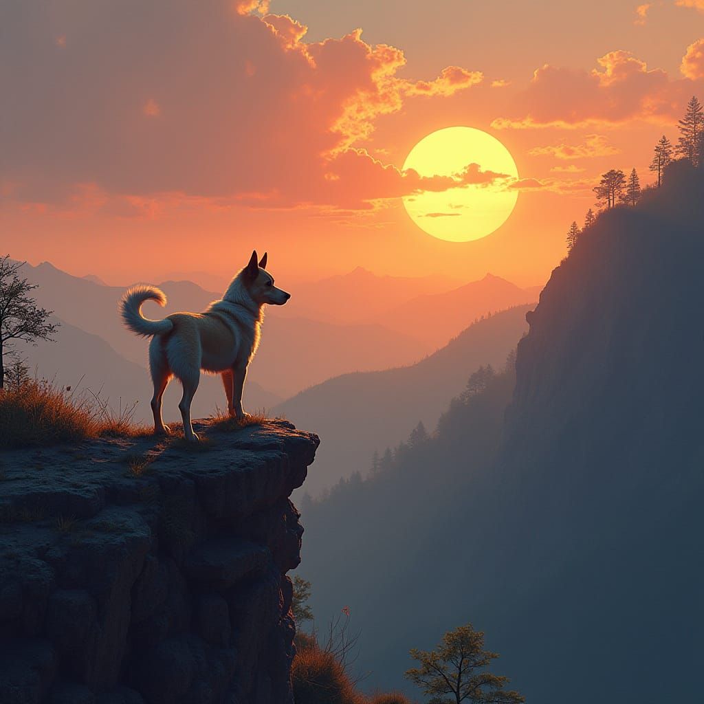 Dog Contemplates Sunset Landscape Art