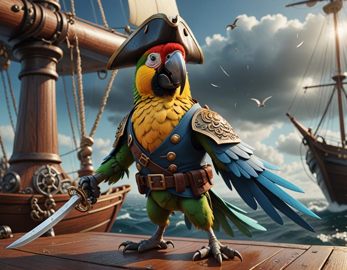 Cartoon Pirate Parrot on Stormy Seas in 3D