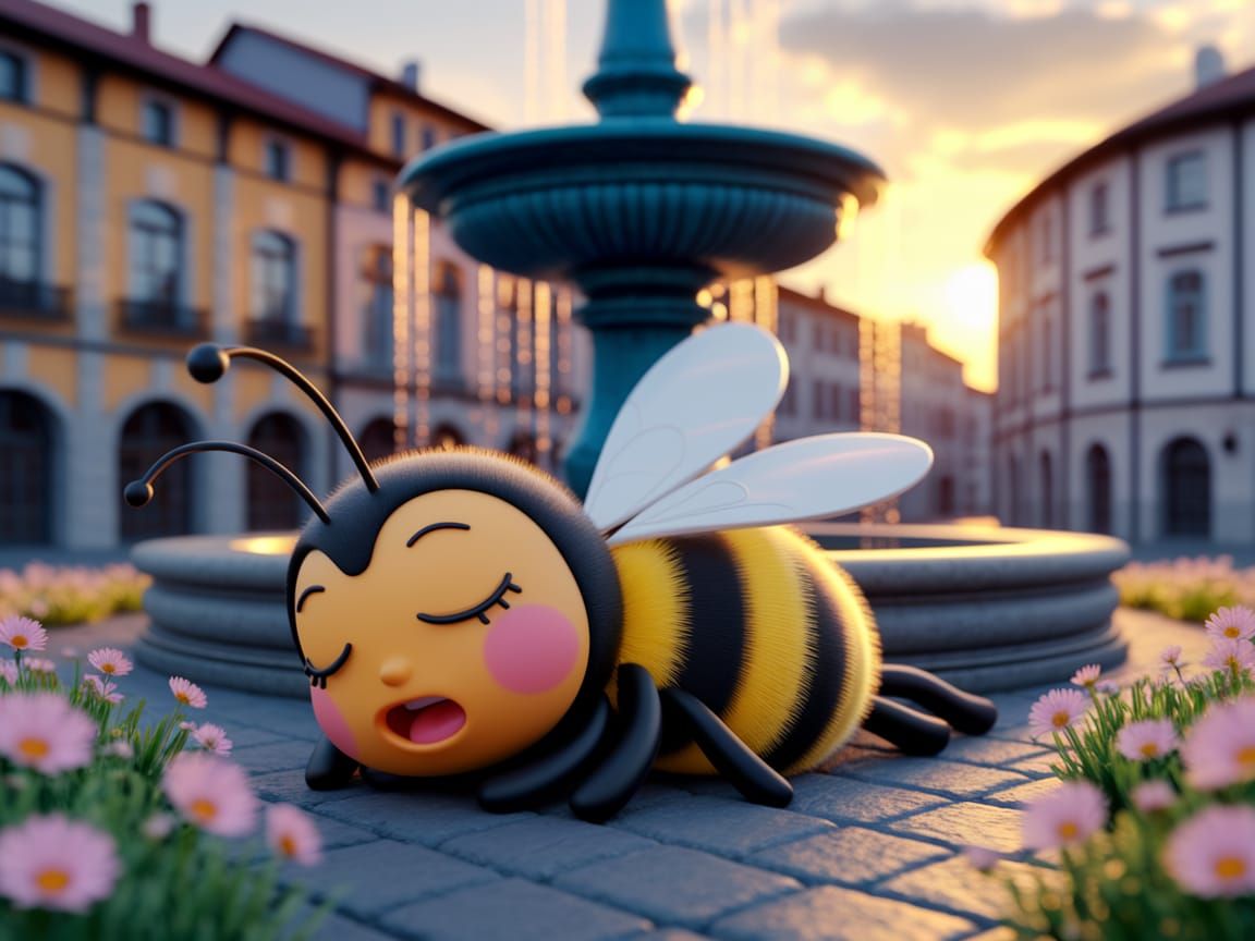 Cartoon Bumblebee Yawning in Town Square