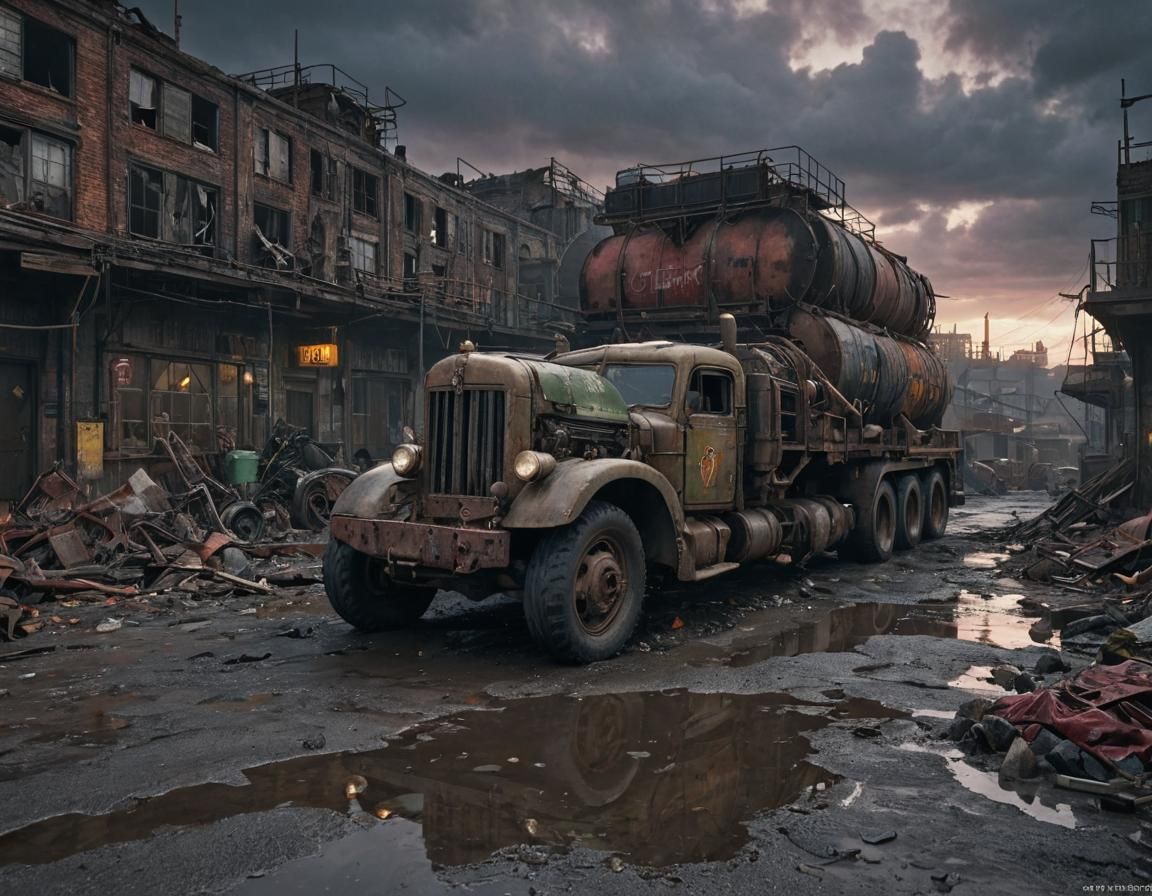Dieselpunk Military Truck in Industrial Ruins at Sunset