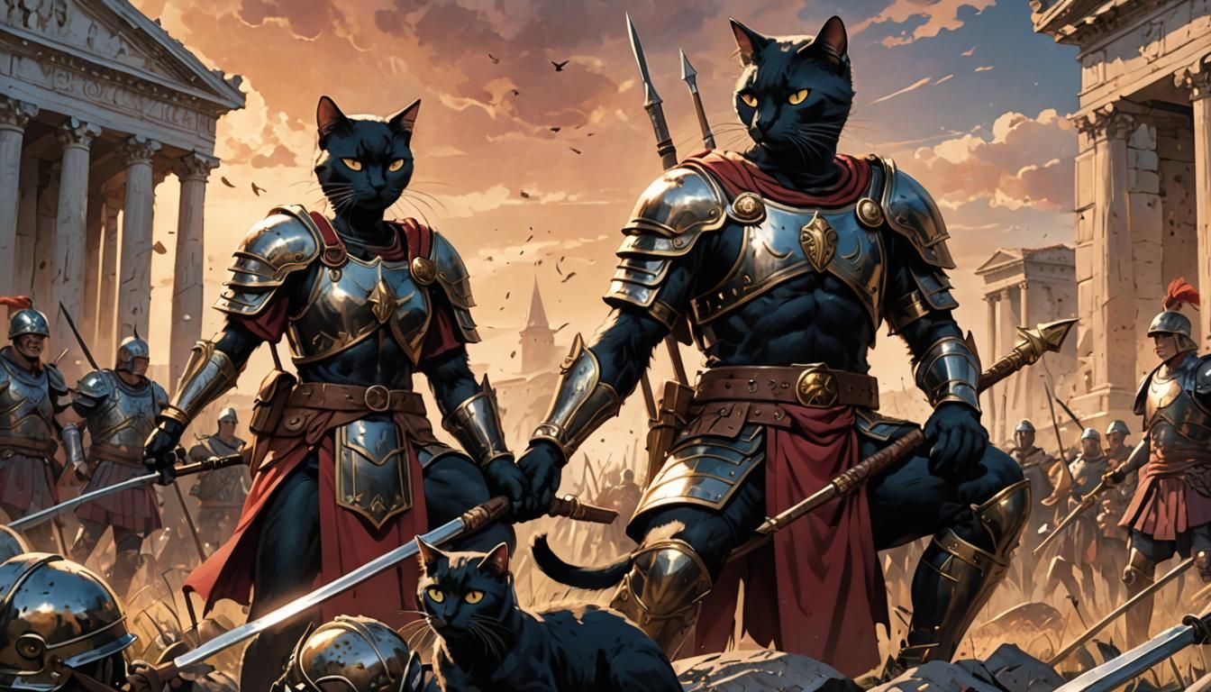 Black Cat and Roman Soldier on Battlefield in Anime Style