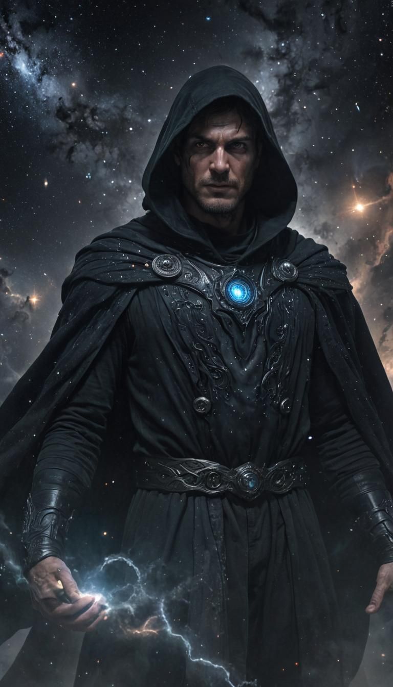 Silent Doom Portrait Amidst Swirling Galaxies