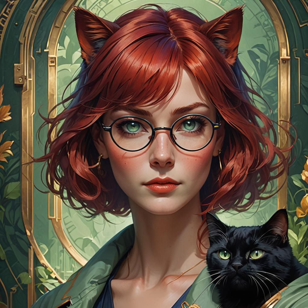 Red-Haired Woman with Cat: Art Nouveau Portrait