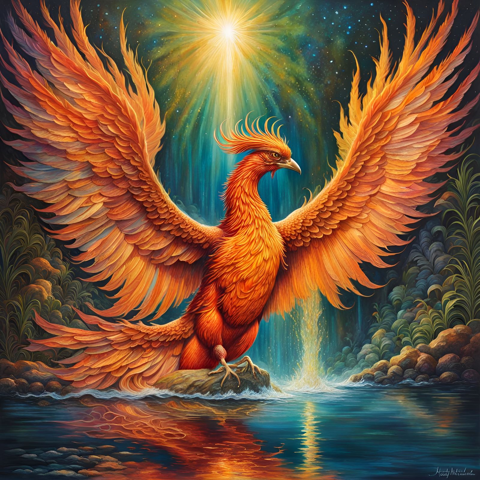 Phoenix Reflection: Hyperrealistic Watercolor Digital Art