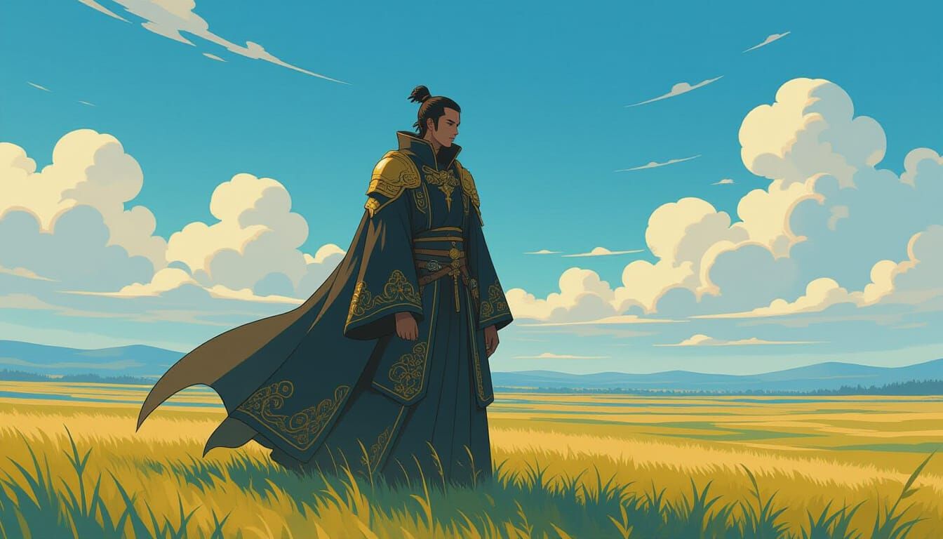 Majestic Robed Figure in Atmospheric Landscape