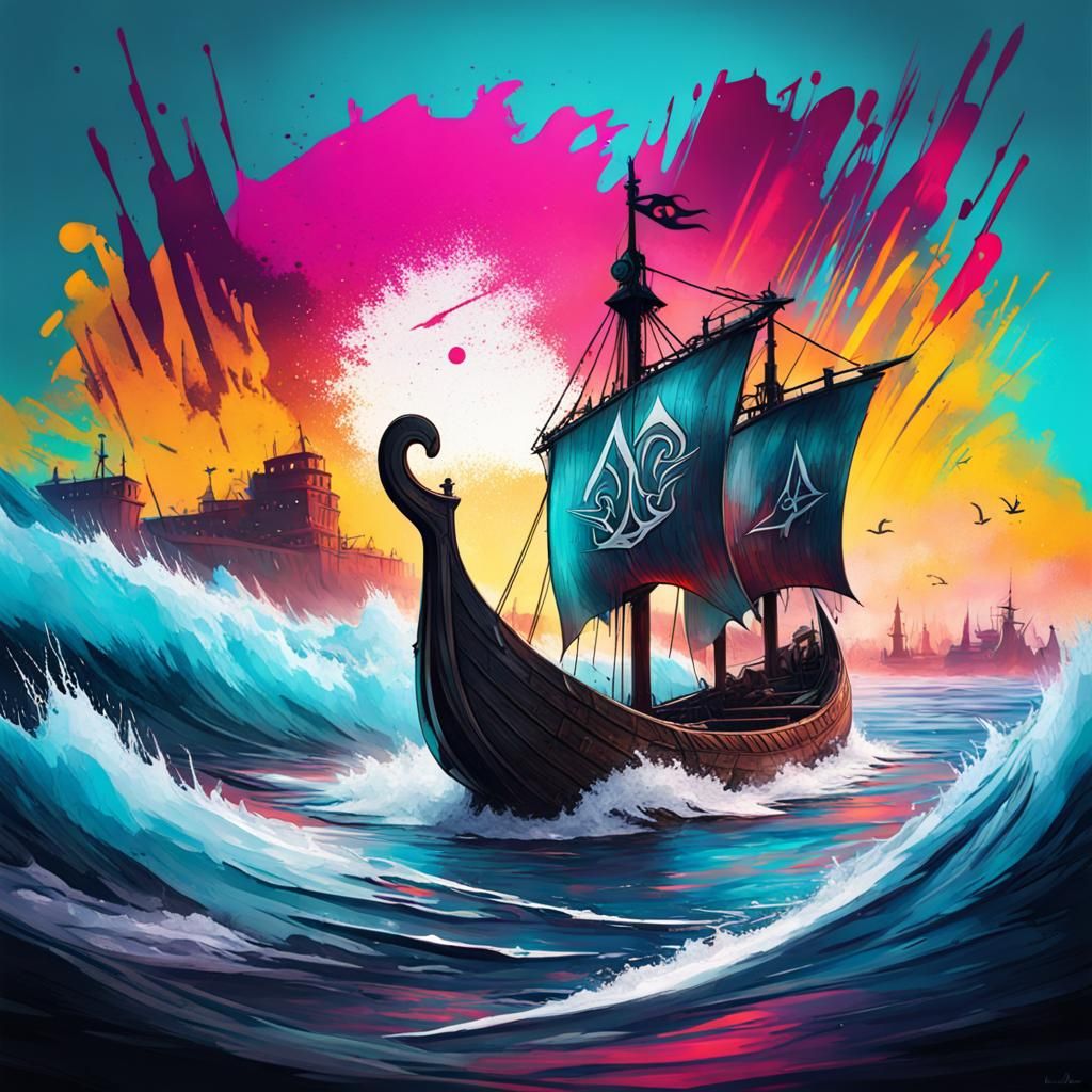 Valhalla Logo with Viking Boat in Graffiti Art
