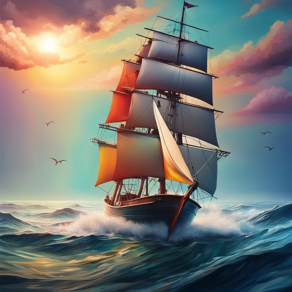 Hyperrealistic Boat Sails on a Colorful Sea