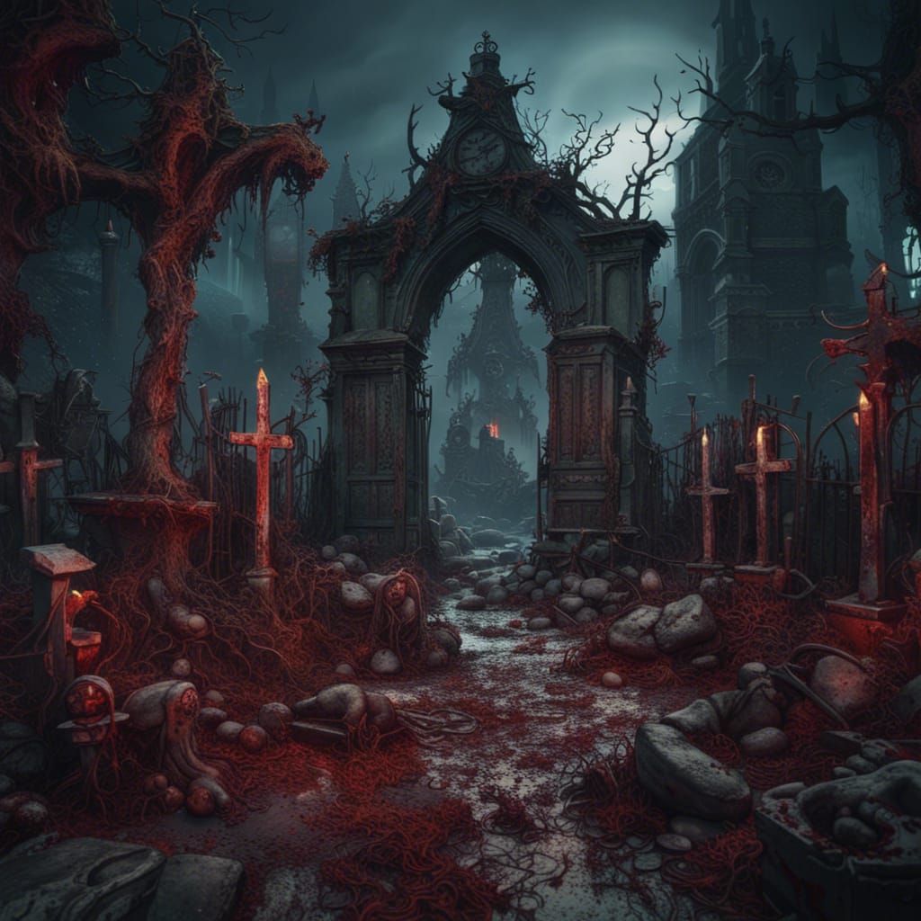 Eerie Graveyard Scene with Rotting Corpse