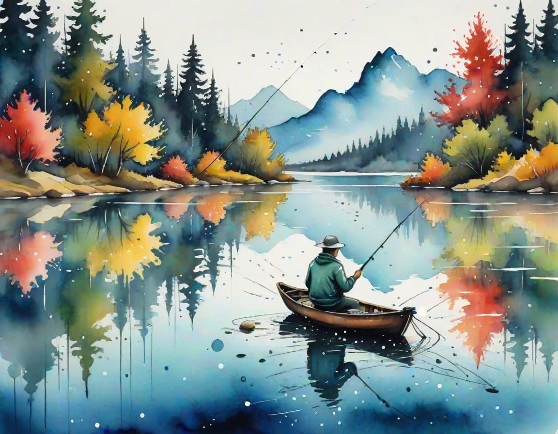 Man Fishing in a Serene Wet Watercolor Lake