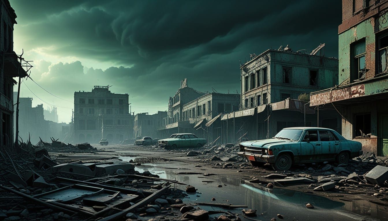 Dreamlike Cityscape in Soft Blue-Green Light