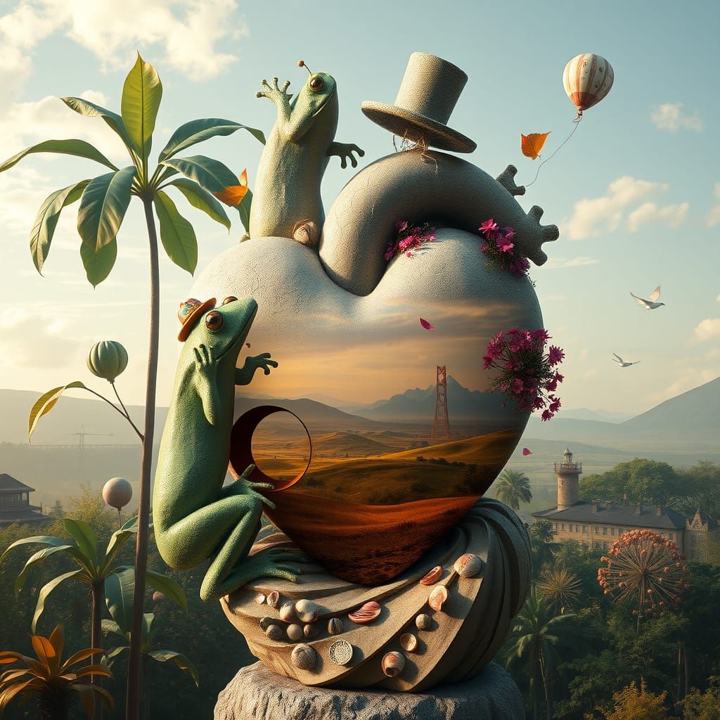 Abstract Sculpture in Ceramic Frogs, Hats, and Stony Heart