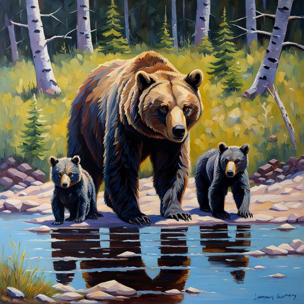 Bear and Cubs: An Oil Painting Scene