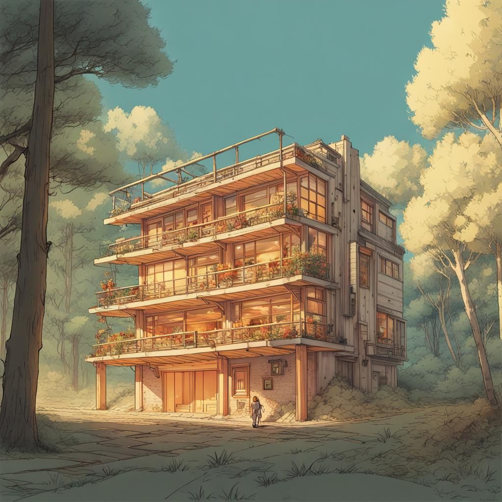 Burning Modernist Building in Anime Style