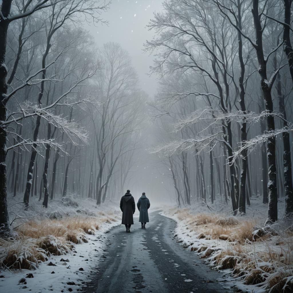 Cinematic Winter Landscape with Figure in Forest