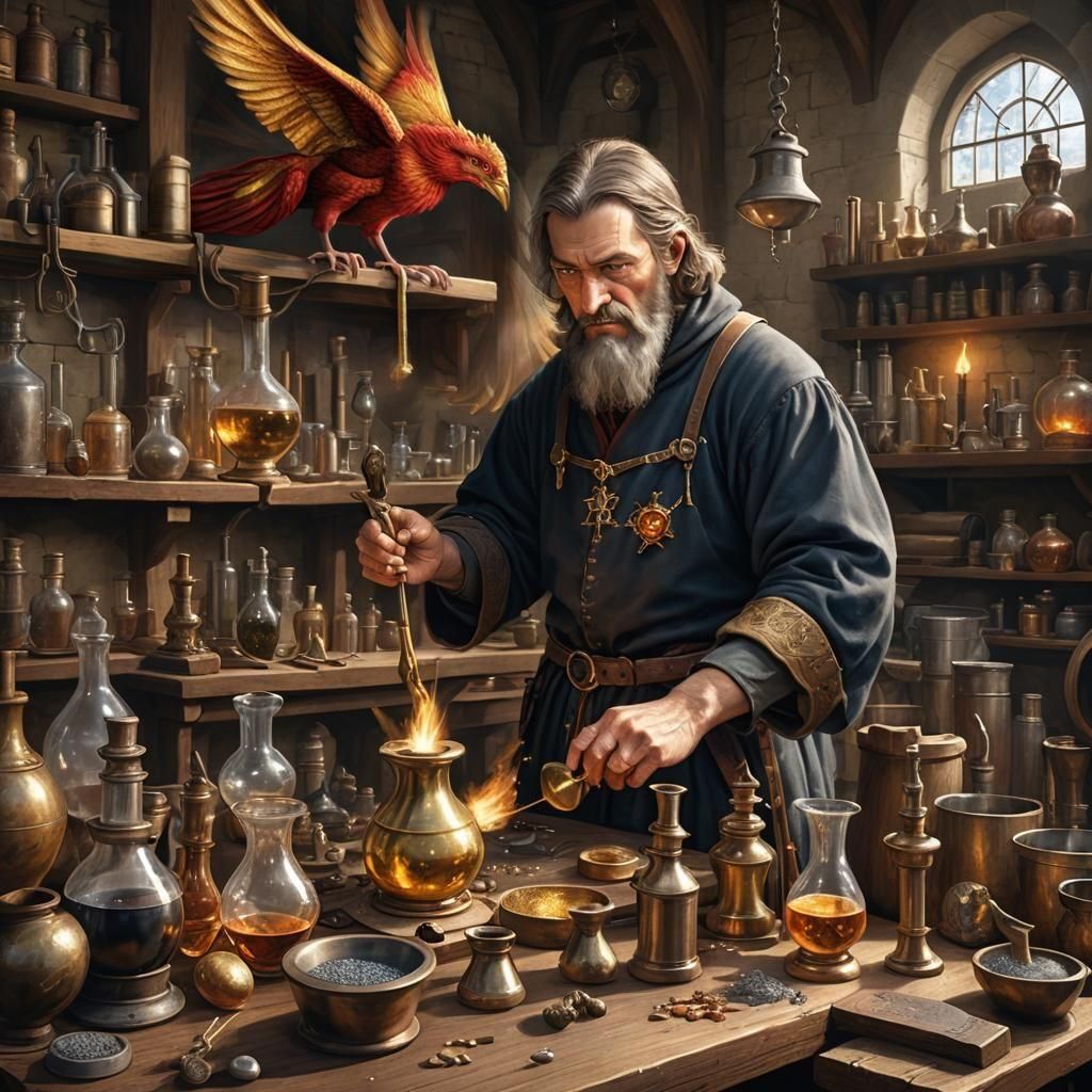 Medieval Alchemist Transmuting Metal Into Gold