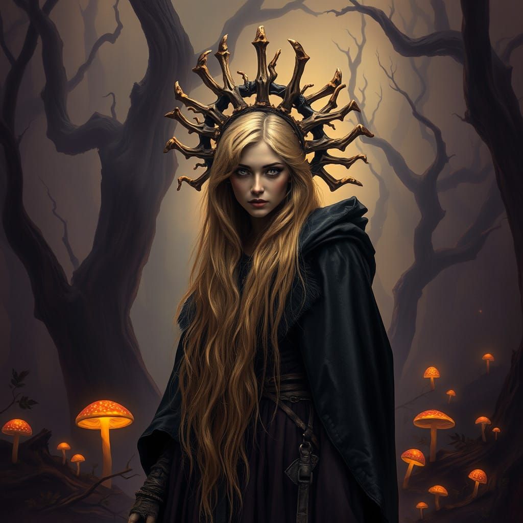 Dark Mystic Woman Stands Amidst Twisted Forest in Cyberpunk....