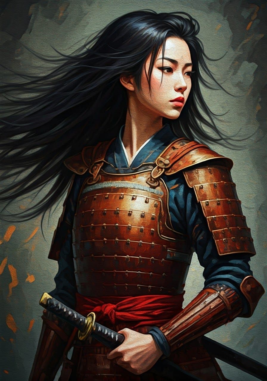 Neo-Expressionist Onna-Musha in Impasto Oil Painting