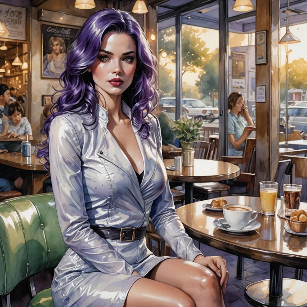 Beautiful Lady in Cafe, Watercolor Comic Art