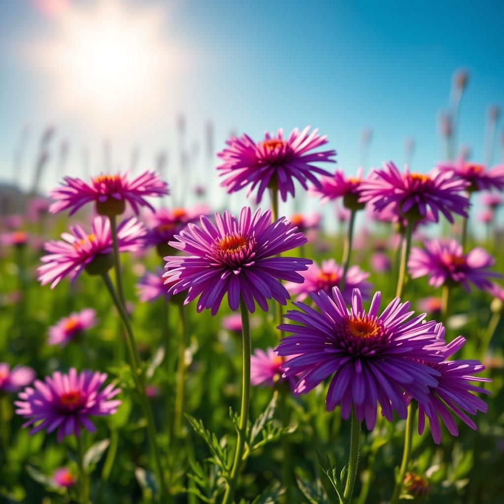 Asters Blooming in Sunlit Meadow, Matte Painting