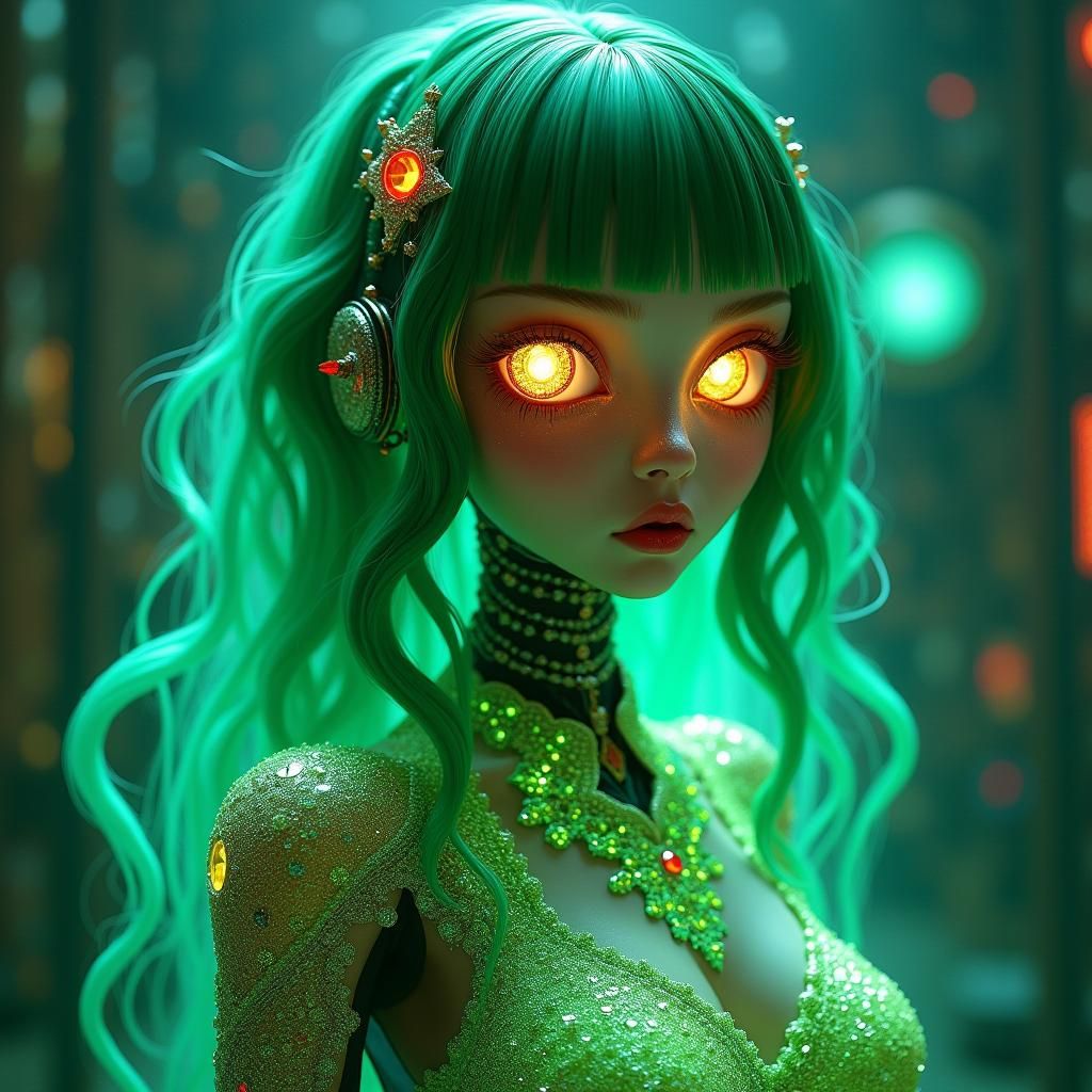 Green Robot Girl with Galaxy Eyes in Digital Art