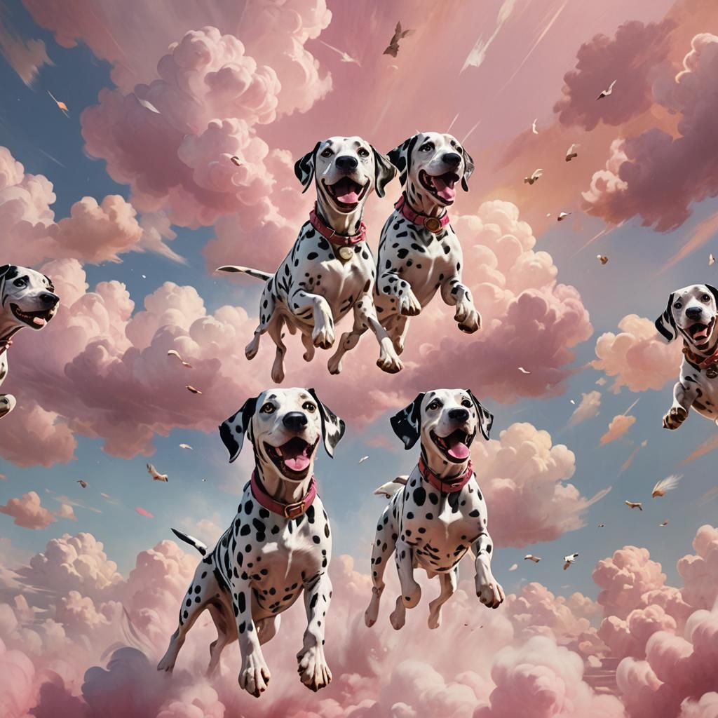 Dalmatians Fly Among Clouds in Pastel Oil Painting