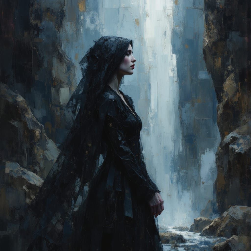 Spectral Beauty Queen Wails at Waterfall in Dark Fantasy Sty...