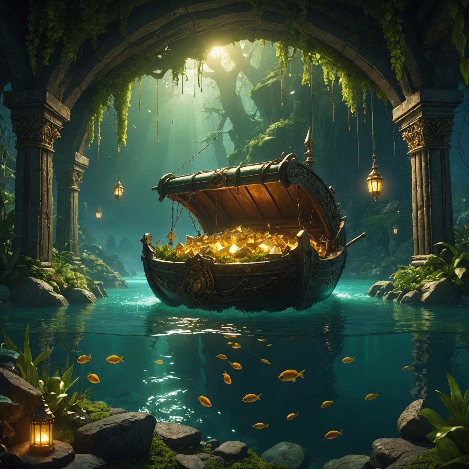 Sunken Treasure in Green Ocean: Fantasy Concept Art