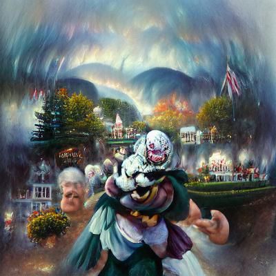 Terrifier Clown in Kinkade Style Landscape
