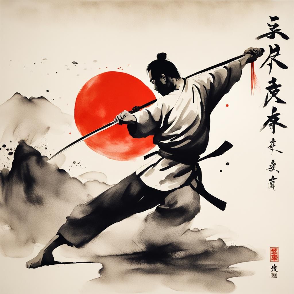 Minimalist Chinese Ink Painting of Swordsman