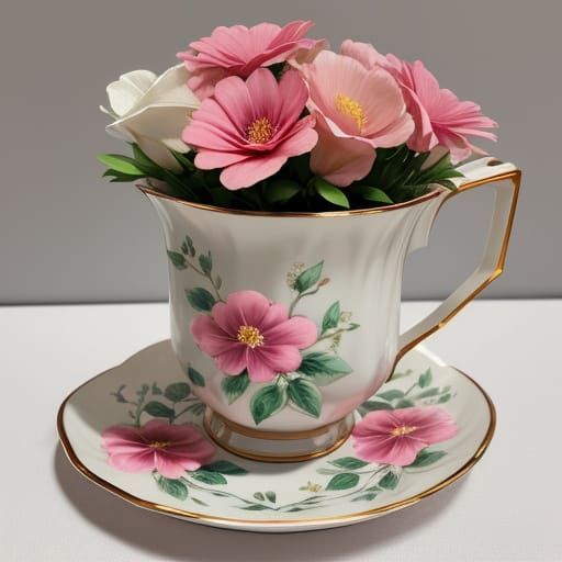 My grandmother's floral ceramic coffee mug, Royal Doulton, painted with pink flowers.