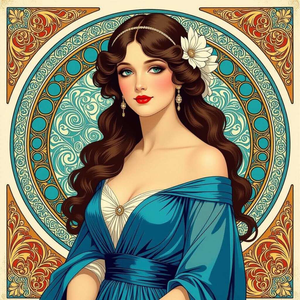 Elegant Woman in Blue Dress, Art Nouveau Style