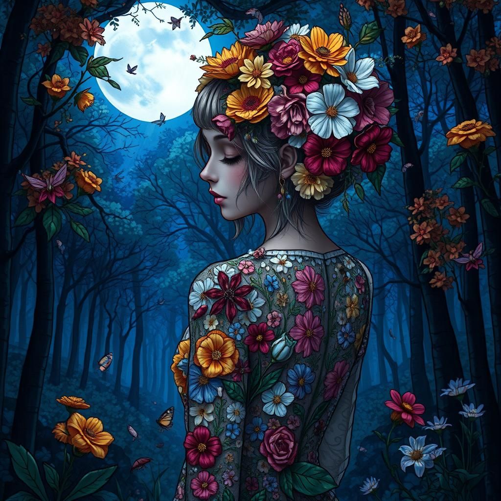Floral Woman in Moonlit Forest: Stained Glass Art