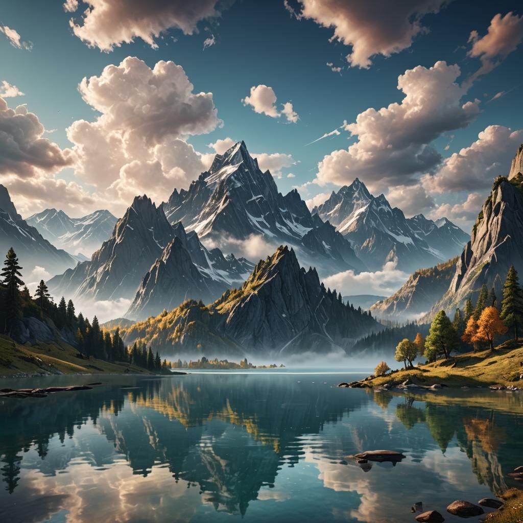 Mountains and Clouds Reflecting on Lake: Fantasy Concept Art