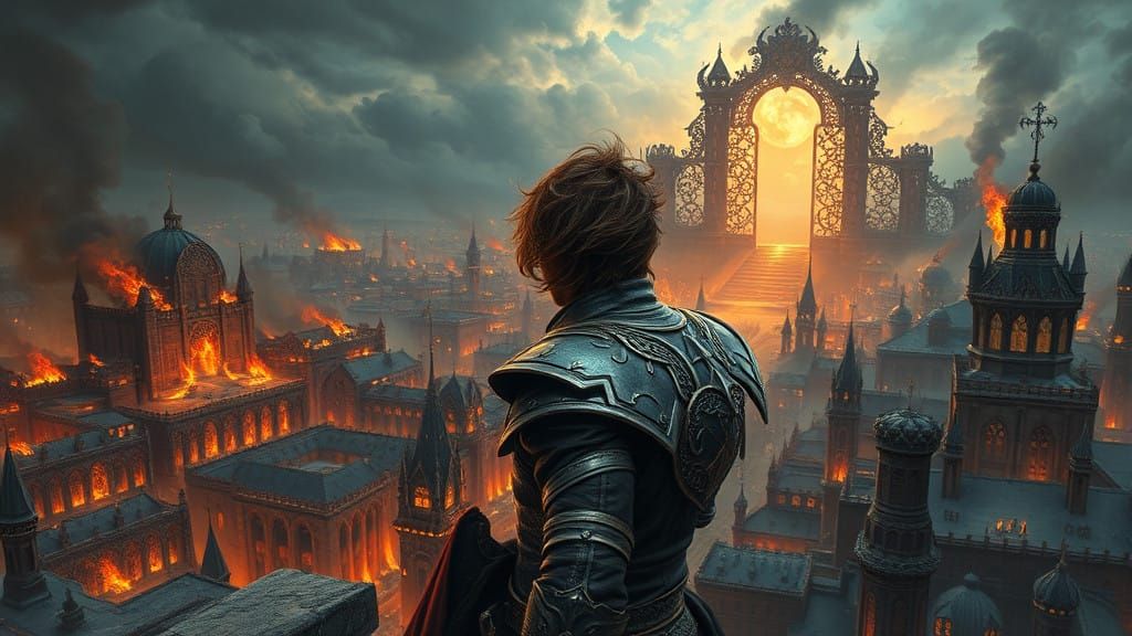 Fantasy City Engulfed in Flames, as a Spellsword Stands Vigi...