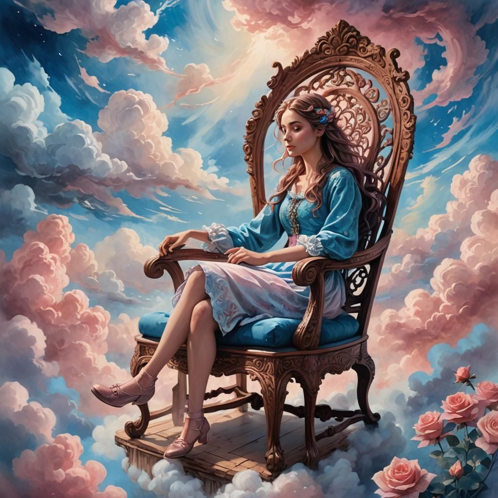 Fantasy Girl in Dreamy Sky: Watercolor Art