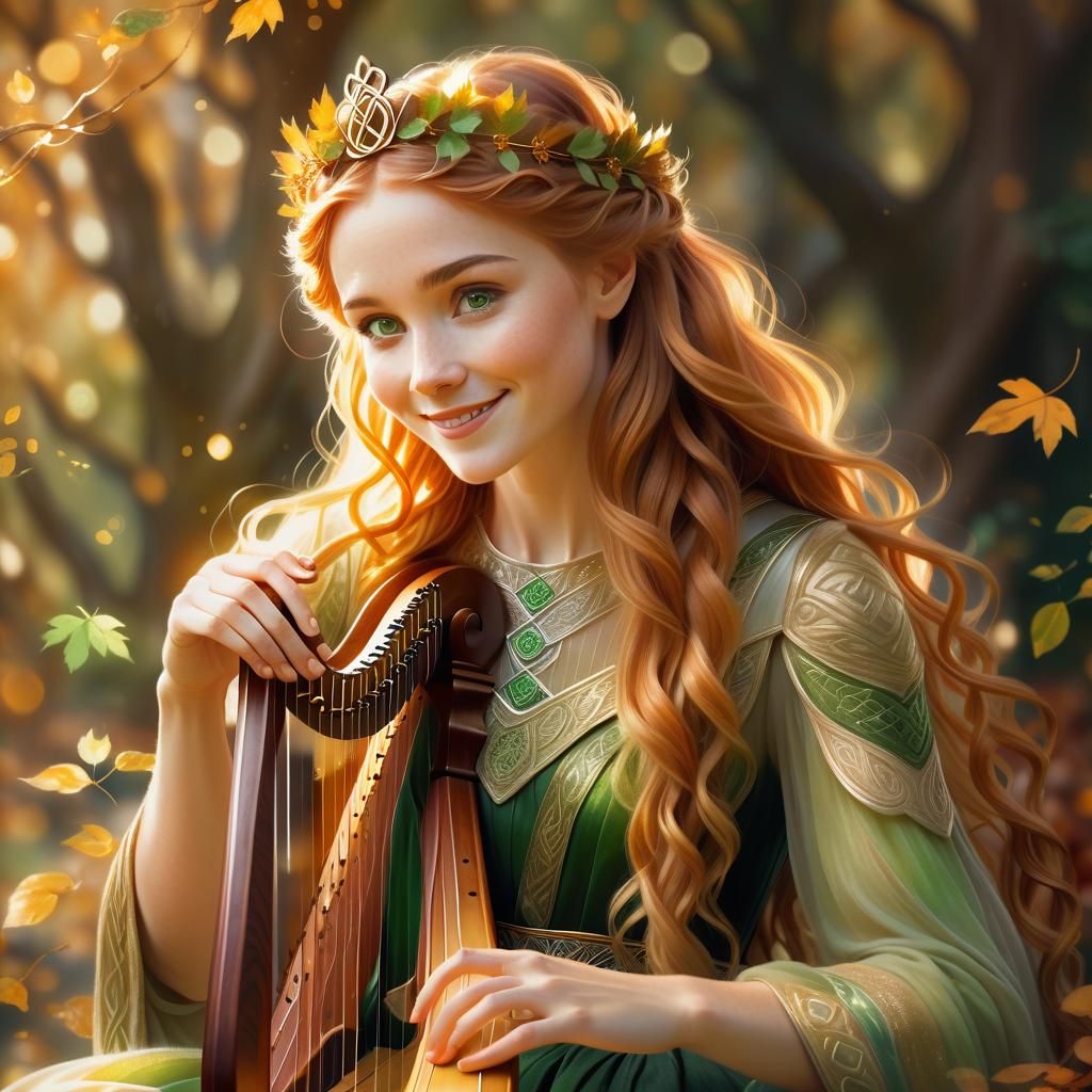 Celtic Princess Plays Harp in Autumn Light