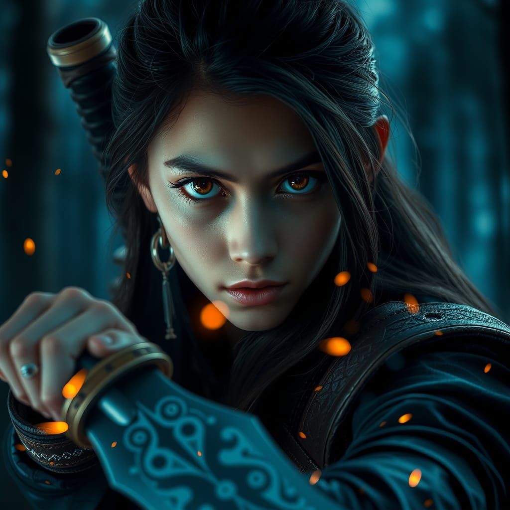 Female Warrior in Night Forest, Artstation Style