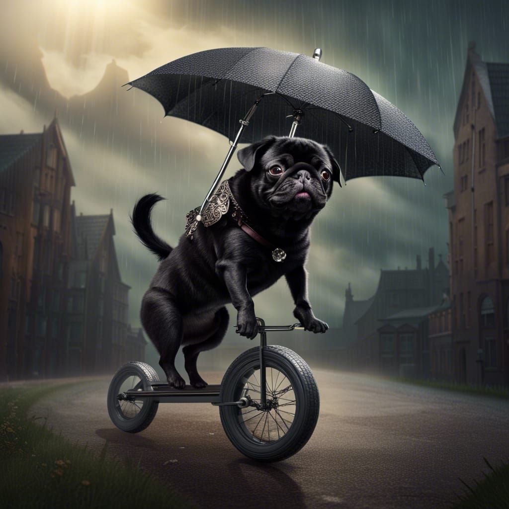 Black Pug on Unicycle with Umbrella
