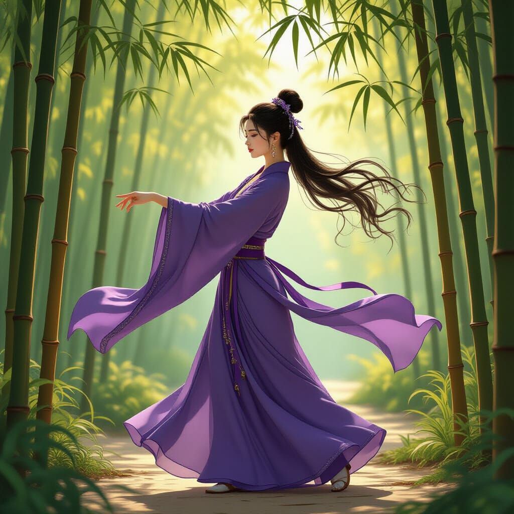 Tai Chi in Purple Dress Amidst Bamboo Forest
