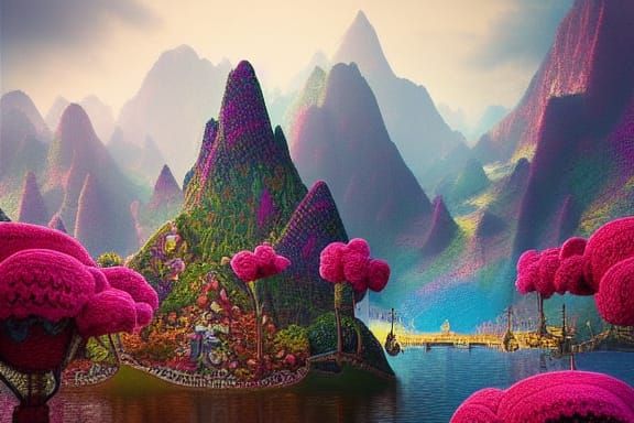 Colorful Crochet Utopia: Digital Matte Painting