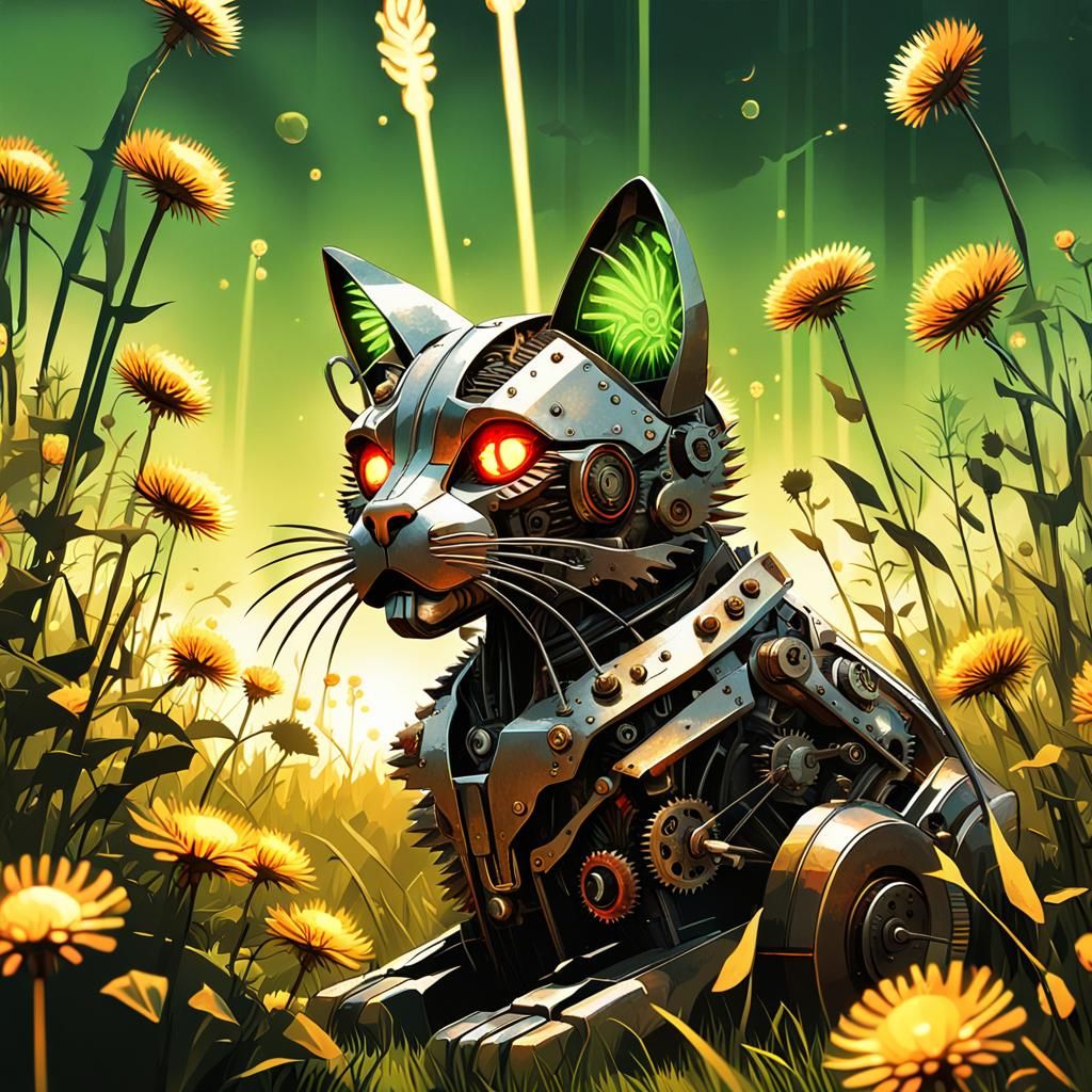 Steampunk Metal Cat in Lush Field Digital Art