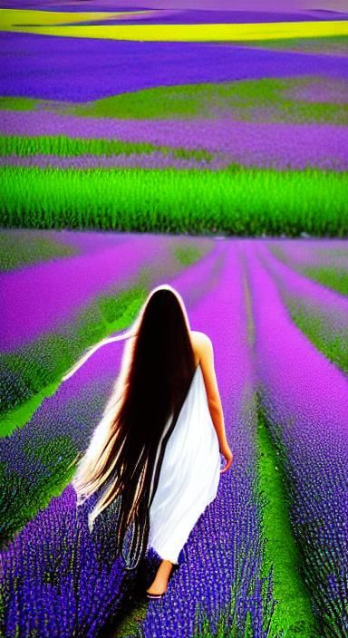 Luminescent Woman Dancing in Lupinus Field