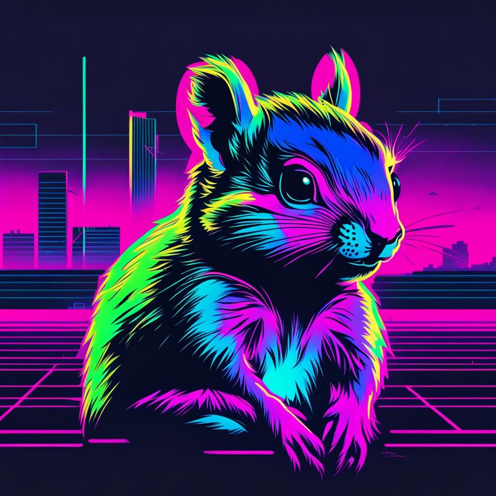 Neon Chipmunk in Synthwave Retro Style