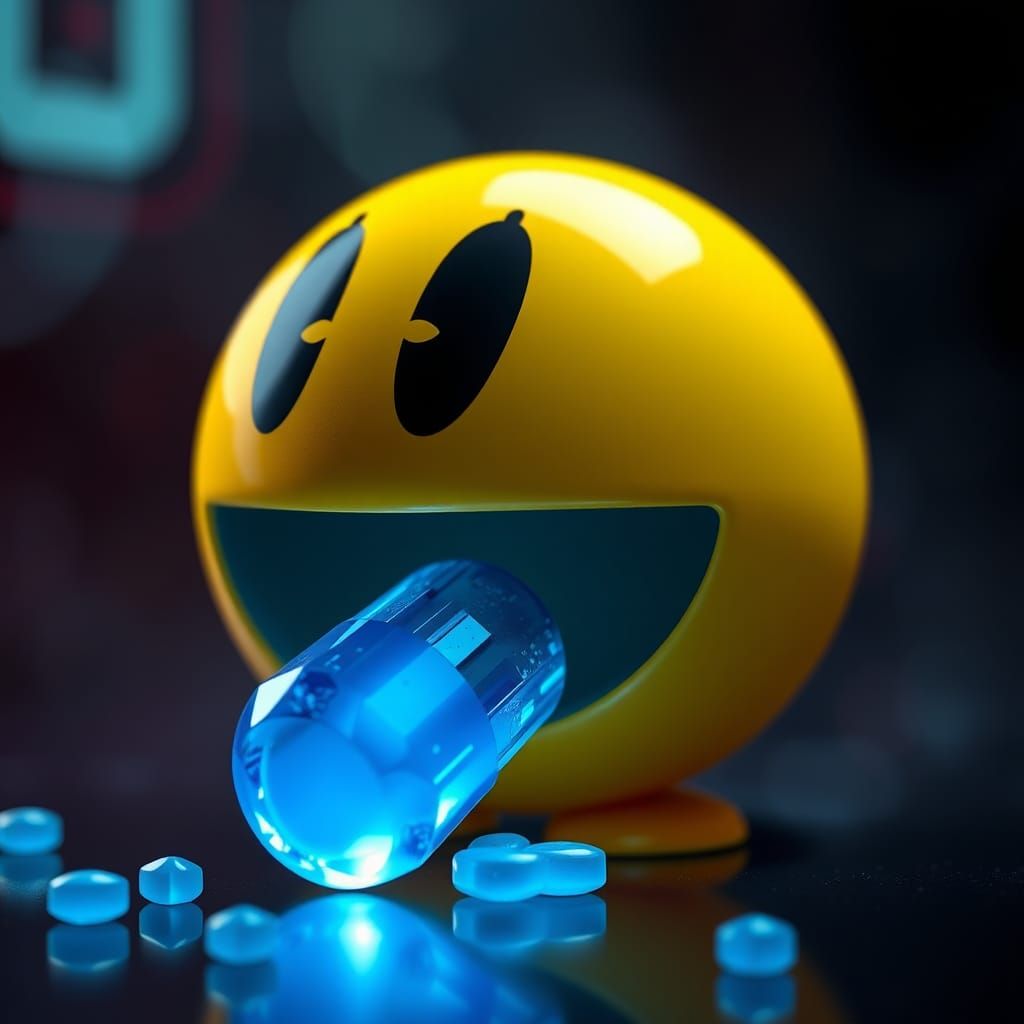 Hyperrealistic Pacman Consumes a Blue Diamond Pill
